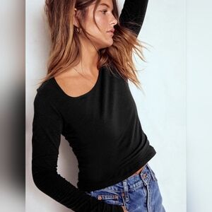 NEW Boden Double Layer Scoop Neck Long Sleeve Fitted Stretch Top XS 0 Black NWT